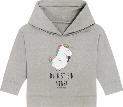 Produktbild von Mr. & Mrs. Panda Organic Baby Hoodie Einhorn Sänger 24. - 36. Monat - Heather Grey - Geschenk, Unicorn, Geburtstag, Kapuzensweatshirt, Einhörner, Kapuzenshirt, Party