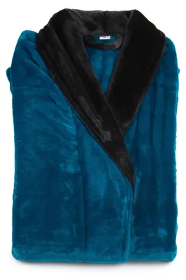 Produktbild von GÖZZE Seidenfeeling Bademantel kuscheliger wärmender Mikrofaser-Bademantel mit Schalkragen und großen Taschen Petrol L