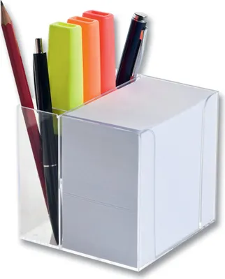 Produktbild von folia 9906 Notizbox mit Stiftehalter, glasklar, 9,5x9,5x9,5cm, ca. 700 Blatt, weiß/transparent (1 Stück)