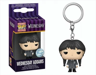 A Funko Pocket Pop! Keychain of Wednesday Addams is shown in its packaging and also as a standalone keychain.