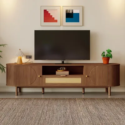 Image de Meuble TV 175 cm avec 2 portes, 1 tiroir en rotin et compartiments ouverts, meuble bas avec tressage en rotin, plateau arrondi, pieds métalliques aspect bois, noyer