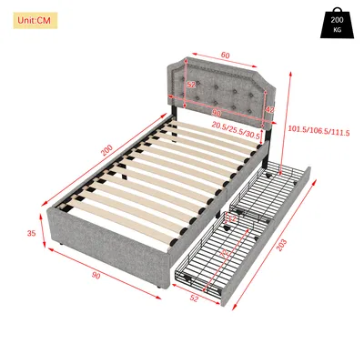 Immagine prodotto di Letto imbottito Sweiko 90 x 200 cm letto piano, comodino imbottito con rivetti decorativi, doppio cassetto, grigio