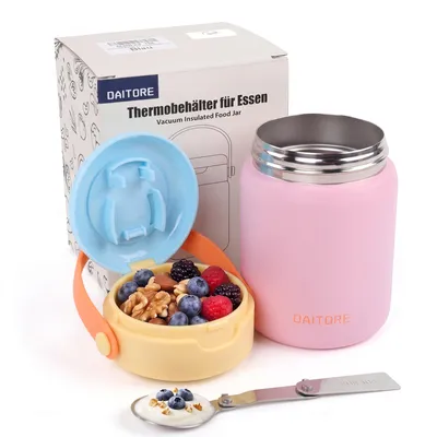 Image de Thermos en acier inoxydable 304 de 480 ml, avec cuillère, étanche, maintient les aliments chauds pendant 5 heures et froids pendant 8 heures, sans BPA, à double paroi isolante, idéal pour le bureau, l'école, les voyages, usage polyvalent