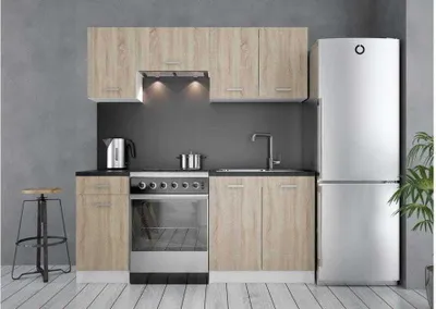 Obrázek produktu pro DomoDomo Kuchyňský nábytek First - 5dílná sada v barvě dub Sonoma-bílá, včetně dřezové skříňky 80 cm, zásuvkové skříňky 40 cm, odsavače par 60 cm