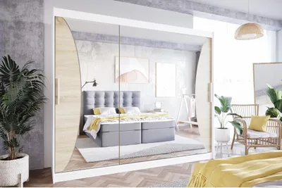 Produktbild von Easy4You LIV 250 cm Weiß/Sonoma Schiebetüren Kleiderschrank 250x215x58 cm mit Spiegel - Schlafzimmermöbel, Aufbewahrung - Mehrzweckschrank