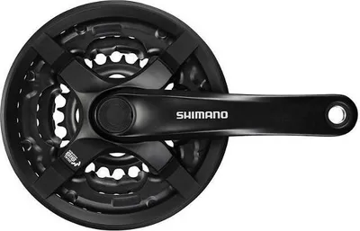 A black bicycle crankset with the Shimano logo.