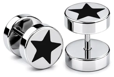 Produktbild von 1 Paar Fake Plugs mit Stern Edelstahl Ohrstecker zum Schrauben Tunnel-Look - Schwarz