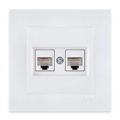 Image de Prise RJ45 double pour ordinateur, Cat. 6, blanche + cadre blanc, EXEN