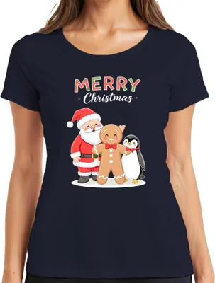 Produktbild von Merry Christmas Weihnachtsmann Lebkuchenmann Pinguin Weihnachten Damen T-Shirt, Navy, XL