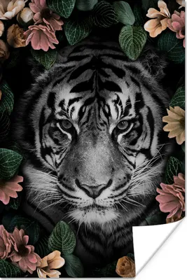 Produktbild von MuchoWow® Poster Tiger - Blumen - Schwarz - Weiß 120x180 cm - Kunstposter