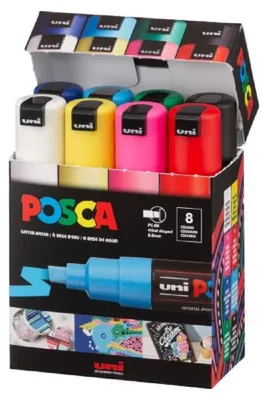 Productafbeelding van Set van 8 POSCA markeerstiften met brede, wigvormige punt in basiskleuren