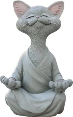 A gray cat figurine meditating in a lotus pose, wearing a robe.