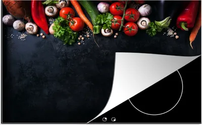 Produktbild von KitchenYeah© Herdabdeckplatte Gemüse - Kräuter - Gewürze - Schwarz - Rustikal - Küche , 80x52cm, Küche Deko, Glaskeramikkochfeld Herdabdeckung, Abdeckplatte fùr Kochfeld