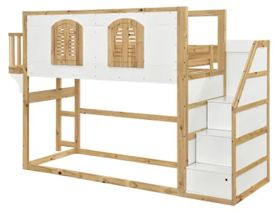 Immagine prodotto di Letto a castello per bambini in legno massello – Letto a castello con scala e spazio contenitivo – Area gioco integrata con finestra – Struttura a doghe robusta – 90 x 200 cm – Bianco/Legno naturale