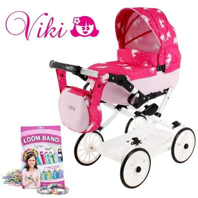 Productafbeelding van Duowagen voor poppen, inklapbaar, diep model, Adbor Viki - roze met eenhoornprint + tas + mand