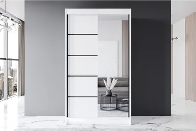 Produktbild von Easy4You P3 120 cm Weiß Schiebetüren Kleiderschrank 120x200x58 cm mit Spiegel - Schlafzimmermöbel, Aufbewahrung - Mehrzweckschrank