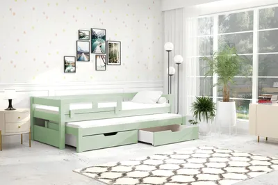 Produktbild von thematys Jugendbett Kinderbett mit abnehmbaren Rausfallschutz und Ausziehbett 2 Schubladen 90x200cm inkl. 2 Matratzen Grün Kinderbett aus Kiefernholz