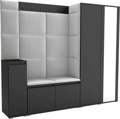Produktbild von Garderoben-Set Noris VIII mit Spiegel, gepolsterte Garderobe 145 cm mit Schuhkommode, Wandpaneelen und Sitzbank (Farbe: Schwarz+ Trinity 32)