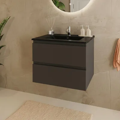 Produktbild von LOMAZOO Badezimmermöbel Mattschwarz 60 cm [MARENZA] - Waschtischunterschränke - Schwarzes Waschbecken - Keramikwaschbecken - Schwebender Waschtischunterschrank