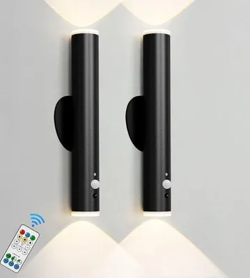 Immagine prodotto di Lampada da parete ricaricabile a LED con sensore di movimento e telecomando – Lampada da parete dimmerabile e a 3 colori per soggiorno, camera da letto (set da 2) – Lampada da parete nera ricaricabile