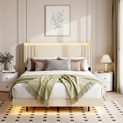 Image de Lit rembourré BEALIFE 140x200 cm avec fonction de charge USB, éclairage LED et tête de lit | Structure en métal, hauteur sous lit de 18 cm | Beige BF29