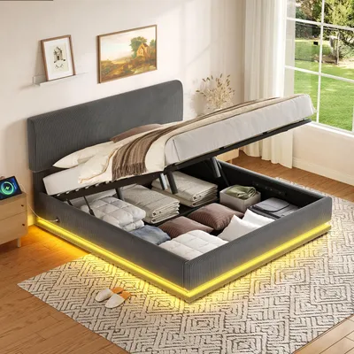 Image de Lit rembourré LVHOM 140 x 200 cm avec coffre de rangement, lit double en velours côtelé avec sommier à lattes, LED et USB-C, lit hydraulique pour adolescent avec tête de lit réglable, gris