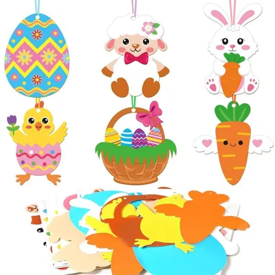 Produktbild von Osterbastelset Papier 12 Stück mit Hasen, Eiern, Küken für Kinder