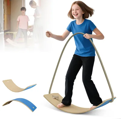 Produktbild von LZQ Balance Board aus Holz mit EVA Anti-Rutsch Matte Blau – Montessori Spielzeug, Kinder Balancierbrett 82x30x1,5 cm, Wackelbrett für Gleichgewicht & Koordination, inkl. Seil & Holzstäbe