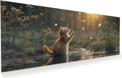 Produktbild von Glasbild 150x60cm in XXL für Wohnzimmer, Schlafzimmer Motiv Katze mit Marienkäfer