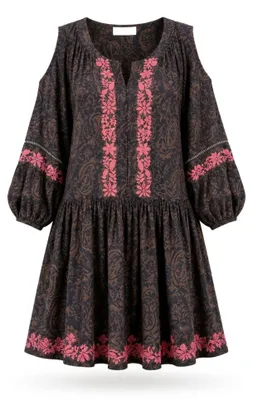 Miss June Damen Kleid Arling Langarm, Viskose mit Paisley und Stickerei – Farbe Schoko-Koralle, Produktansicht auf weißem Hintergrund, KI-generiertes Bild