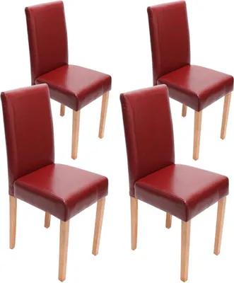 Four red dining chairs arranged in a grid on a white background.
