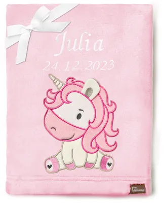 Produktbild von Be Mammy Babydecke mit 3D Applikation bestickt mit Name und Geburtsdatum 76 x 102 cm BE20-280 (Puderrosa – Einhorn, 76 x 102 cm)