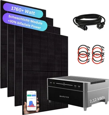 Produktbild von MYVOLTAICS Balkonkraftwerk 1760Watt mit Speicher Marstek Venus A 2,12 kW, aufrüstbar, Nulleinspeisung und Notstrom möglich, optimales Einsteigermodell ohne Aufständerung