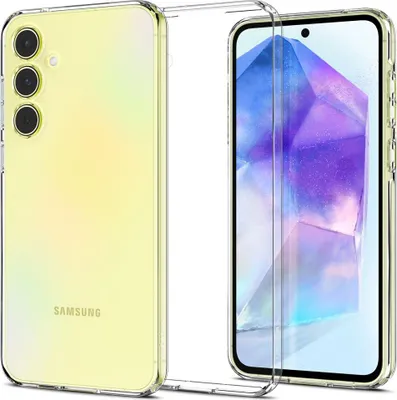 A transparent phone case is shown with a phone inside, displaying a colorful wallpaper.