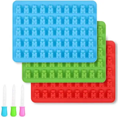 Produktbild von 3 Stück Süßigkeiten Form Silikon Gummibärchen Formen Silikonformen mit Pipetten für Gummibärchen, Gelee, Schokolade, Halloween Weihnachtsbonbons (blau, rot, grün)