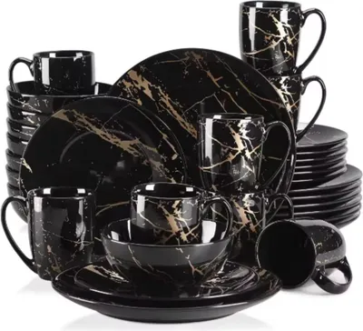 Image de Celestial Service de table - 8 personnes - Noir Céramique - Assiettes plates et assiettes à déjeuner