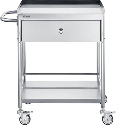 Productafbeelding van Medische trolley, 2 lagen. Roestvrijstalen trolley met een draagvermogen van 220 lbs. Multifunctionele trolley voor laboratoria, met 360° stille wielen en een lade, geschikt voor laboratoria, klinieken, keukens en salons