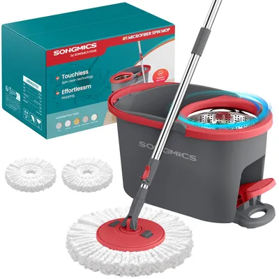 Produktbild von SONGMICS Wischmopp-Set mit Schleudereimer, Bodenwischer mit Auswringfunktion, Teleskopstiel, Haushalt, 2 Bezüge, grau-rot