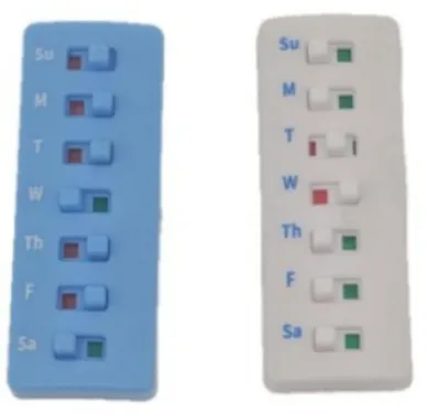 Immagine prodotto di INF Tracker pillole riutilizzabile e promemoria adesivo - Set 2 pezzi bianco e blu, tracker compatto in ABS