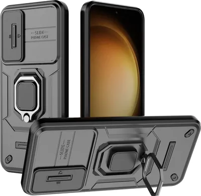 Produktbild von Hülle für Samsung Galaxy S23 Plus Dual Layer Handyhülle Schiebe Kamera Schutz und Ringhalter Ständer Schwarz