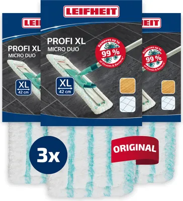 A product shot of multiple Leifheit Profi XL Micro Duo mop head refills, displayed in their packaging.