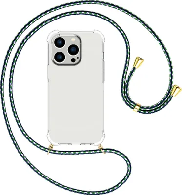 Produktbild von Handykette Backcover-Schutzhülle mit Band (Metall goldfarben) für Apple iPhone 15 Pro - grün/blau/weiß