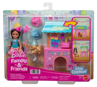 Produktbild von Barbie Chelsea Familie und Freunde Club Überraschungs-Geburtstagsparty-Spielset mit kleiner Puppe und mehr als 10 Zubehörteilen, Babypuppe, Weiblich, 3 Jahr(e), Mädchen, 177,8 mm, Mehrfarbig