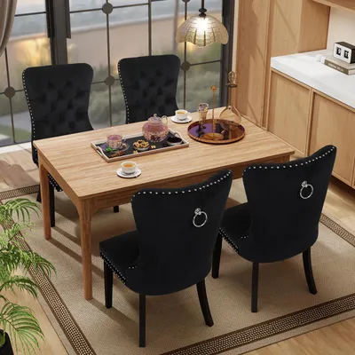 Productafbeelding van Puluomis eethoekstoelen, set van 4, fluweel, keukenstoel, gestoffeerde stoel, fauteuil voor de eethoek met massief houten poten en nageldetails, elegant en stijlvol, zwart