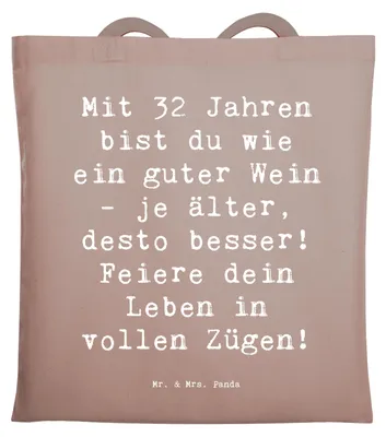Produktbild von Mr. & Mrs. Panda Tote Bag Spruch 32. Geburtstag - Braun Pastell - Geschenk, Glückwunsch, Happy Birthday, Laptoptasche, Schultasche, Jubiläum, Geburtstagsgeschenk, Beutel