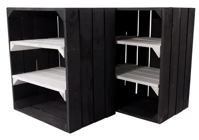 Produktbild von 2er Set Schwarze Holzkiste mit 2 weißen Mittelbrettern quer 50cm x 40cm x 30cm Obstkisten Weinkiste schwarz mit weissen Garten Zwischenbrettern Schuhregal Küchenregal Natur