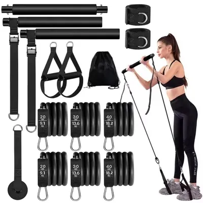 Zdjęcie produktu dla Zestaw do ćwiczeń Pilates z drążkiem i 6 gumami oporowymi, regulowane gumy oporowe dla kobiet i mężczyzn, gumy do ćwiczeń do domowego siłowni, jogi, pilatesu i rozciągania