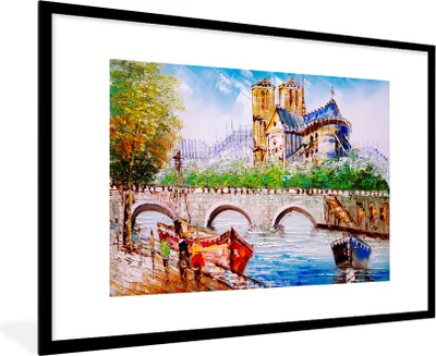 Produktbild von MuchoWow® Gerahmtes Poster Gemälde - Paris - Boot - Brücke 90x60 cm - Poster mit Schwarzem Bilderrahmen Wandposter Rahmen Foto Bilder - Wanddekoration - Fotos
