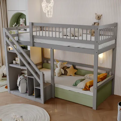 Image de MODFU Lit Superposé 90x200 cm - Lit Enfant avec Échelle et Espace de Rangement, Bois de Pin et MDF, Sans Matelas, Gris