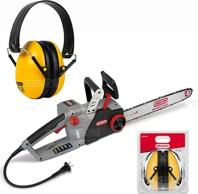 A chainsaw and ear protection are displayed against a white background.